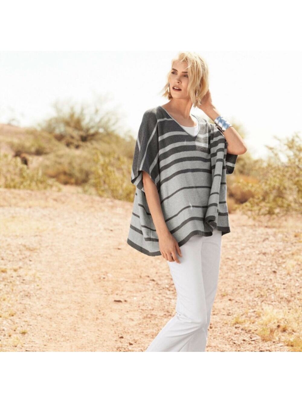 Eileen Fisher gray v-neck multi-stripe oversized sweater poncho